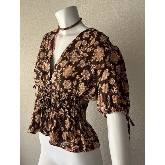 Derek Lam 10 Crosby Tops - Derek Lam 10 Crosby Women’s Size 4 Ruffle Top 4 Brown/Multi Floral Rhea Linen